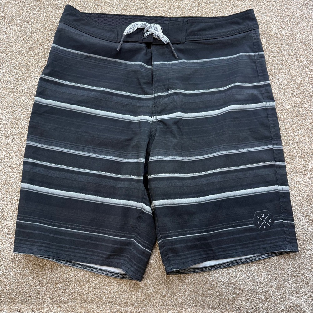 George Mens Black Grey Striped SURF Board Shorts Swim Trunks 30 Quick Dry